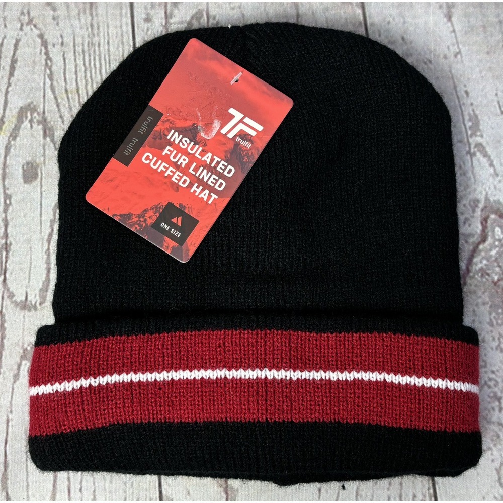 TruFit Insulated Fur Lined Cuffed Beanie Hat Black Red Knit One Size New